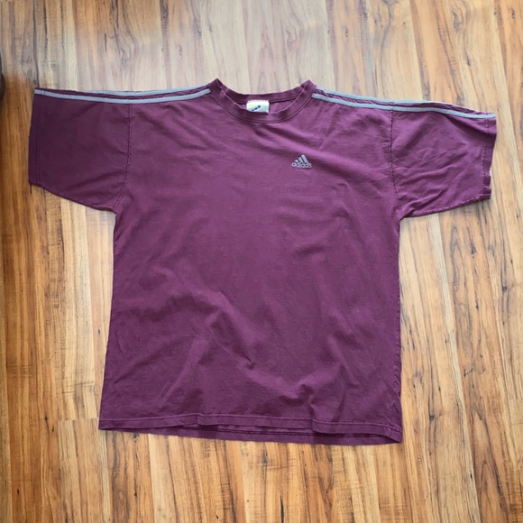 Retro Adidas Classic 3 Stripes Tee Shirt and Embroidered Logo Maroon Grey XL - Picture 4 of 14